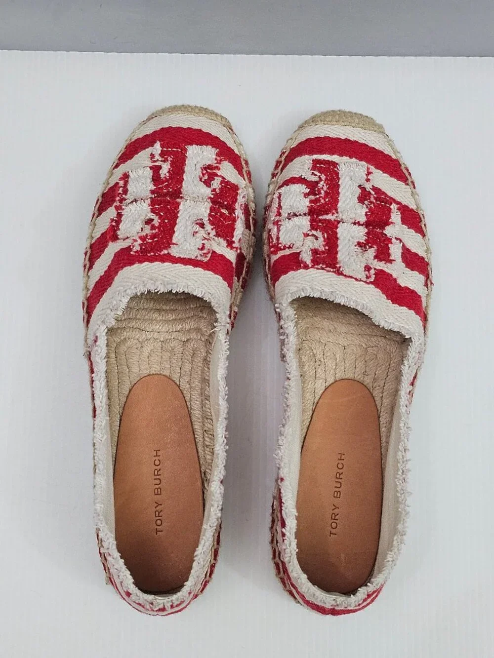 Tory Burch Fray Stripe Espadrille Flats Womens 7.5 Red White Logo Canvas Slip On